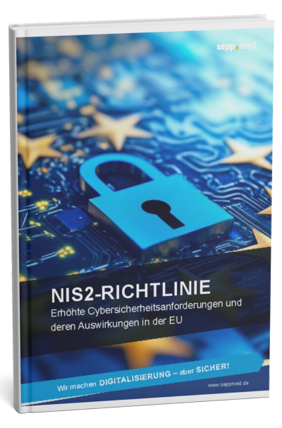 A book cover titled NIS2-RICHTLINIE shows a blue padlock icon on a digital circuit board background. The subtitle reads: Erhöhte Cybersicherheitsanforderungen und deren Auswirkungen in der EU.