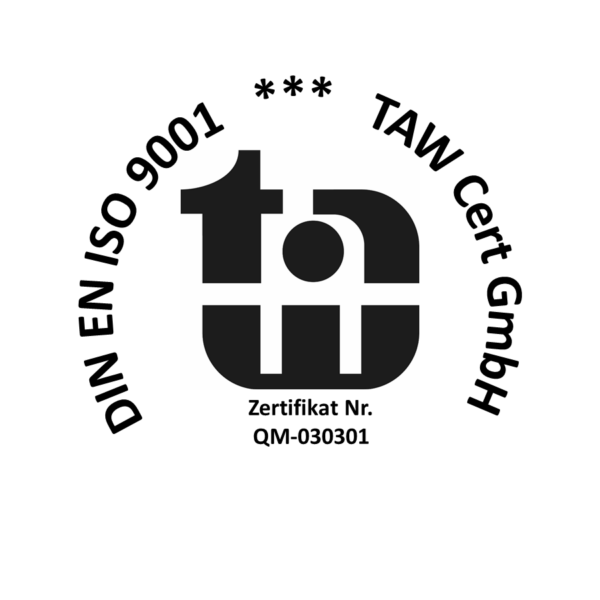 Black and white circular logo with DIN EN ISO 9001 *** TAW Cert GmbH on the edge, a stylized ta symbol in the middle and certificate no. QM-030301 underneath.