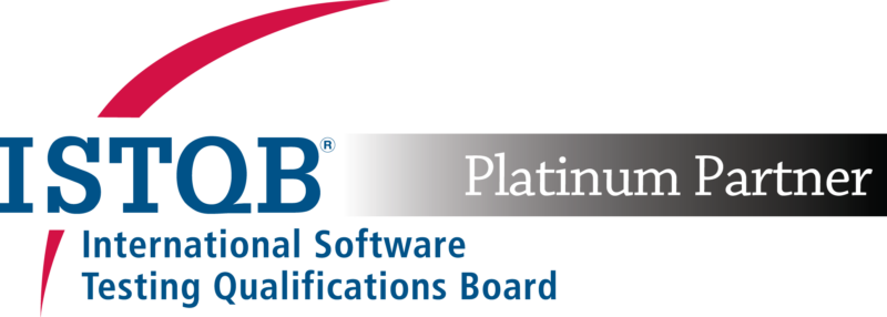 ISTQB logo with red swoosh, text International Software Testing Qualifications Board in blue and a black bar with color gradient and white text Platinum Partner on the right side.