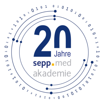 Logo for 20 years of sepp.med akademie with the number 20 in blue, surrounded by binary codes (0 and 1) and connected circular lines representing a 20th anniversary.