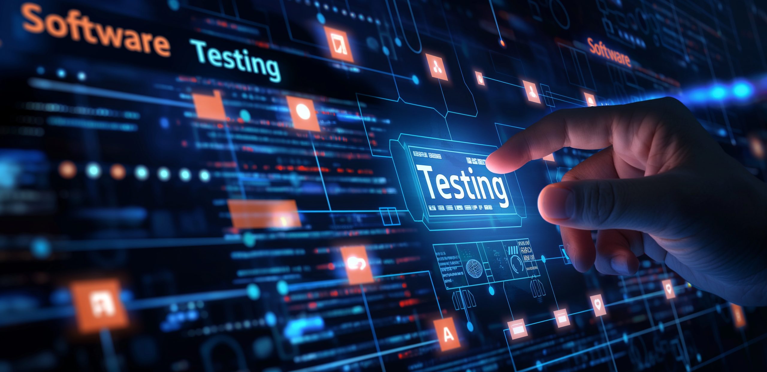 A hand points to a virtual screen on which the word Testing can be seen between digital interface elements and code, while the words Software Testing can be seen in the background.