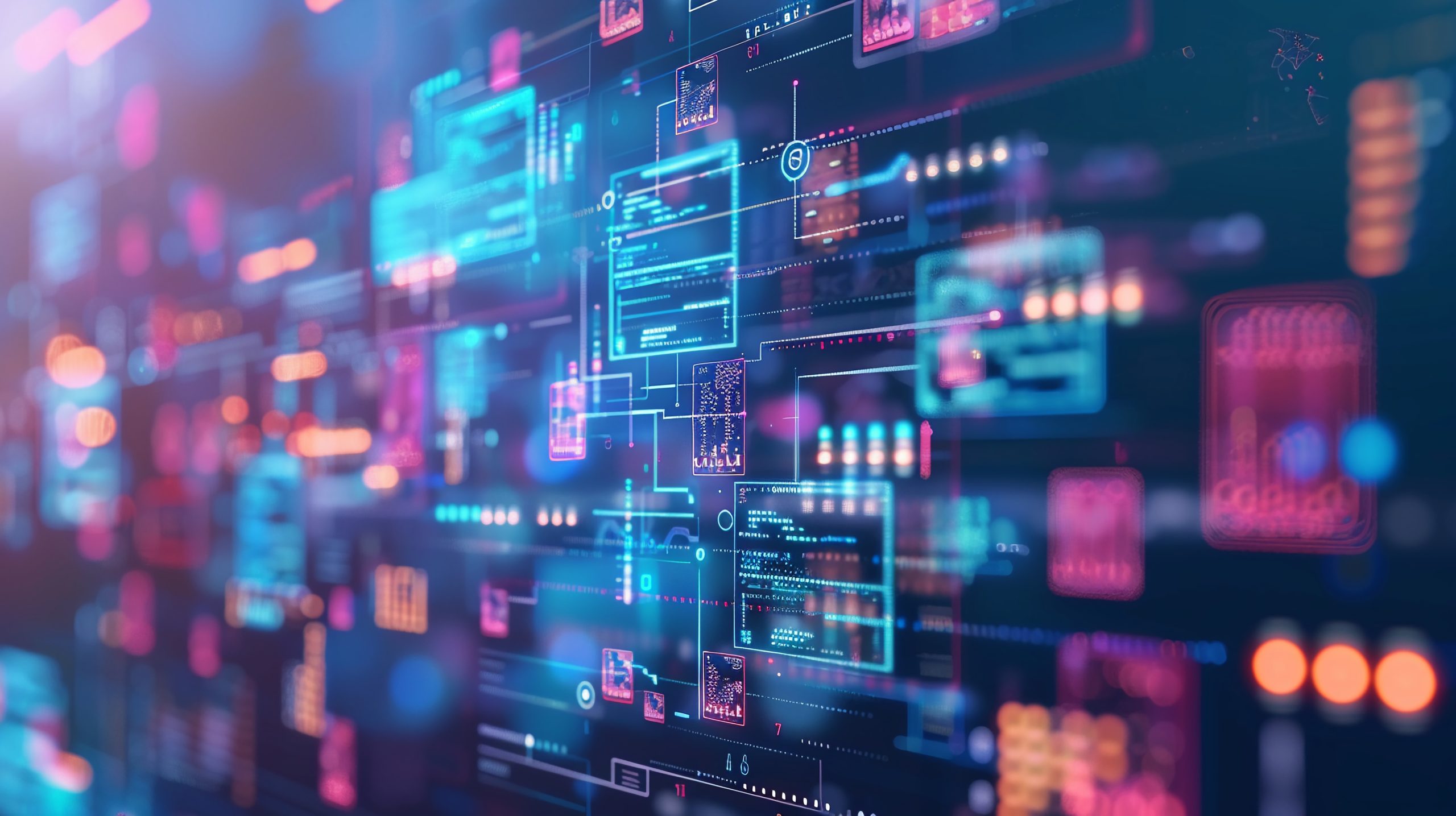 Eine farbenfrohe, futuristische digitale Schnittstelle zeigt schwebende Datentafeln, Diagramme und Codes auf einem dunklen Hintergrund, der fortschrittliche Technologie oder Cyber-Netzwerke darstellt. Neonblaue, rosafarbene und orangefarbene Elemente schaffen eine dynamische High-Tech-Atmosphäre.