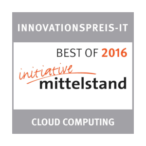 A square plaque reads: INNOVATIONSPREIS-IT at the top, BEST OF 2016 from Initiative mittelstand in the middle and CLOUD COMPUTING at the bottom. The design uses gray, black and orange lettering.