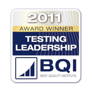 Square plaque with the BQI logo (Best Quality Institute) and a stylized bar chart symbol for the 2011 award winner, Testing Leadership.