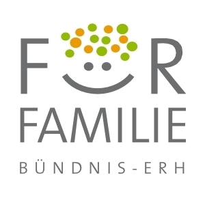 Logo with the text FÜR FAMILIE BÜNDNIS-ERH. Above the text is a smiling face made of dots in green and orange with the letters F and R on the sides.