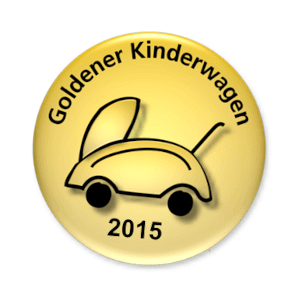 A golden, round badge with a stylized black baby carriage graphic and the inscription Golden Pram 2015.