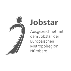Logo with a stylized human figure next to the text Jobstar Awarded with the Jobstar of the European Metropolitan Region Nuremberg in German.