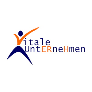 Logo with a stylized human figure in orange and dark blue next to the lettering vitale untERneHmen, with ER and H highlighted in orange and the rest of the text in dark blue.