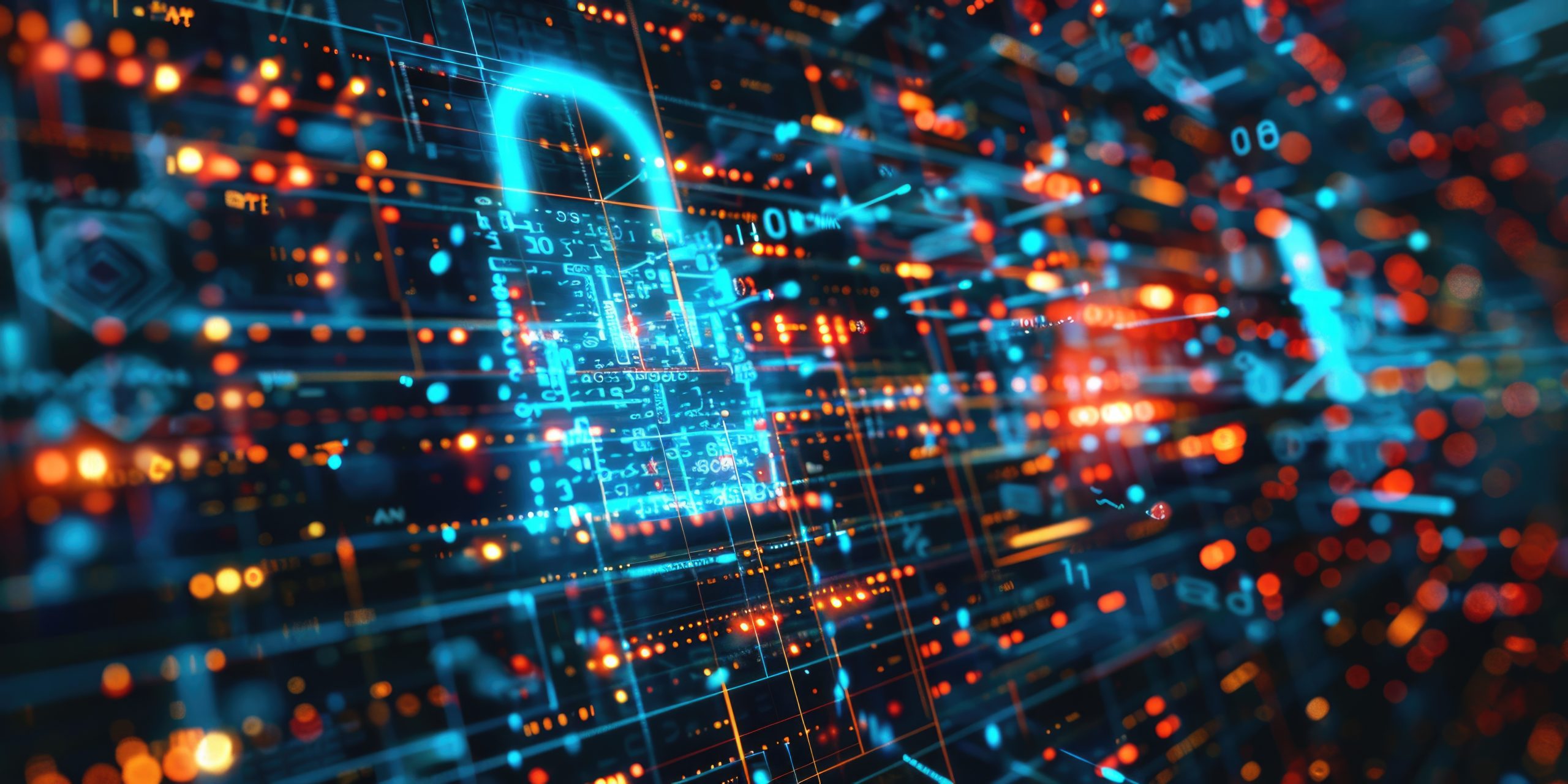 A digital illustration of a glowing padlock symbol surrounded by circuitry and data streams, representing cyber security and data protection on a dark high-tech background with blue and orange lights.