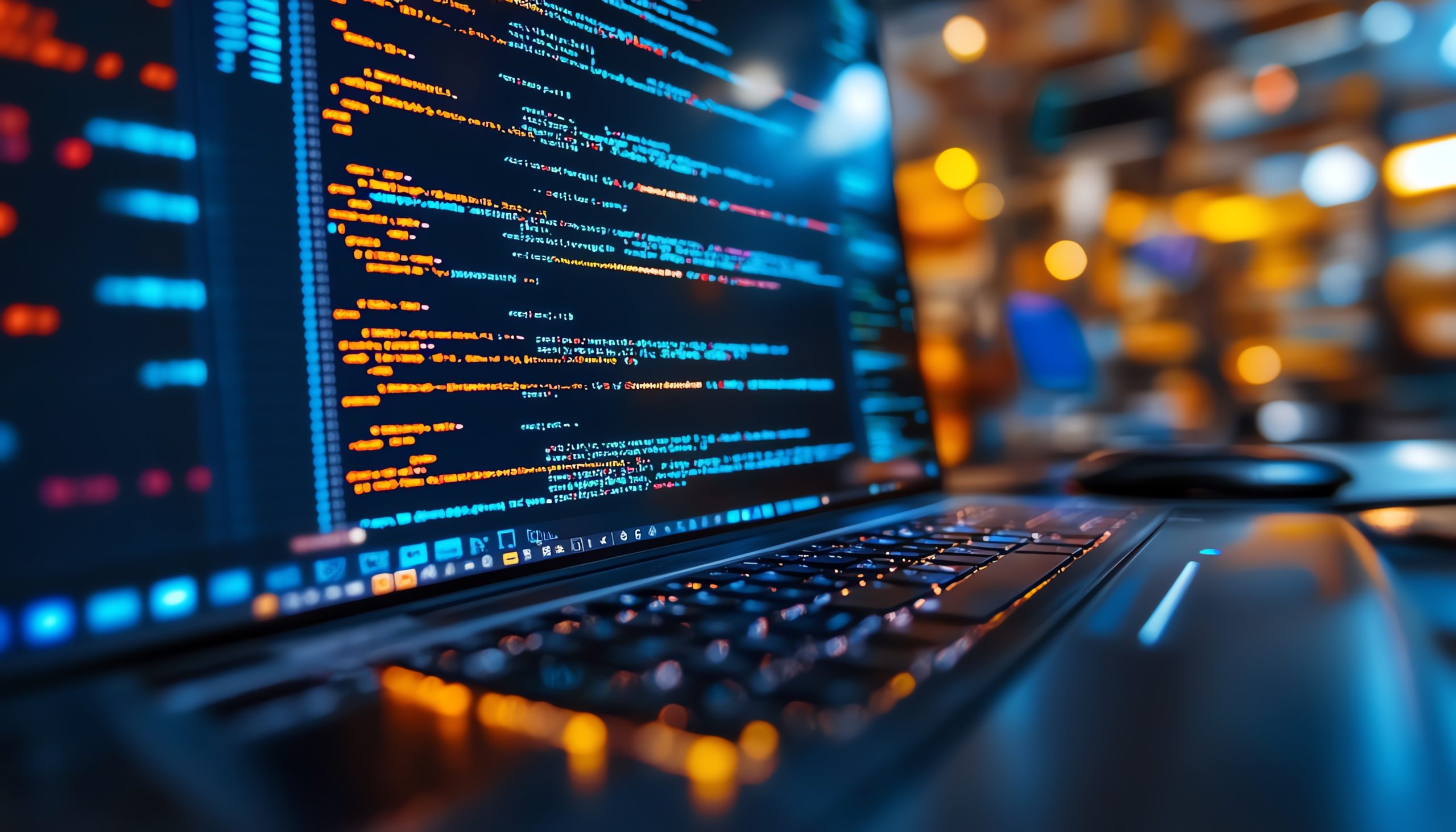 A close-up of a laptop with colorful code on the screen, with blurred lights and other technical devices in the background, creating a focused and modern working atmosphere.