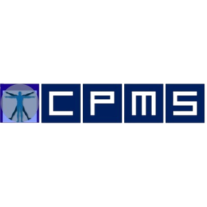 Logo with four blue squares: The first contains a stylized Vitruvian man, followed by three squares with the white letters C, P, M and S in a bold, modern font on a blue background.