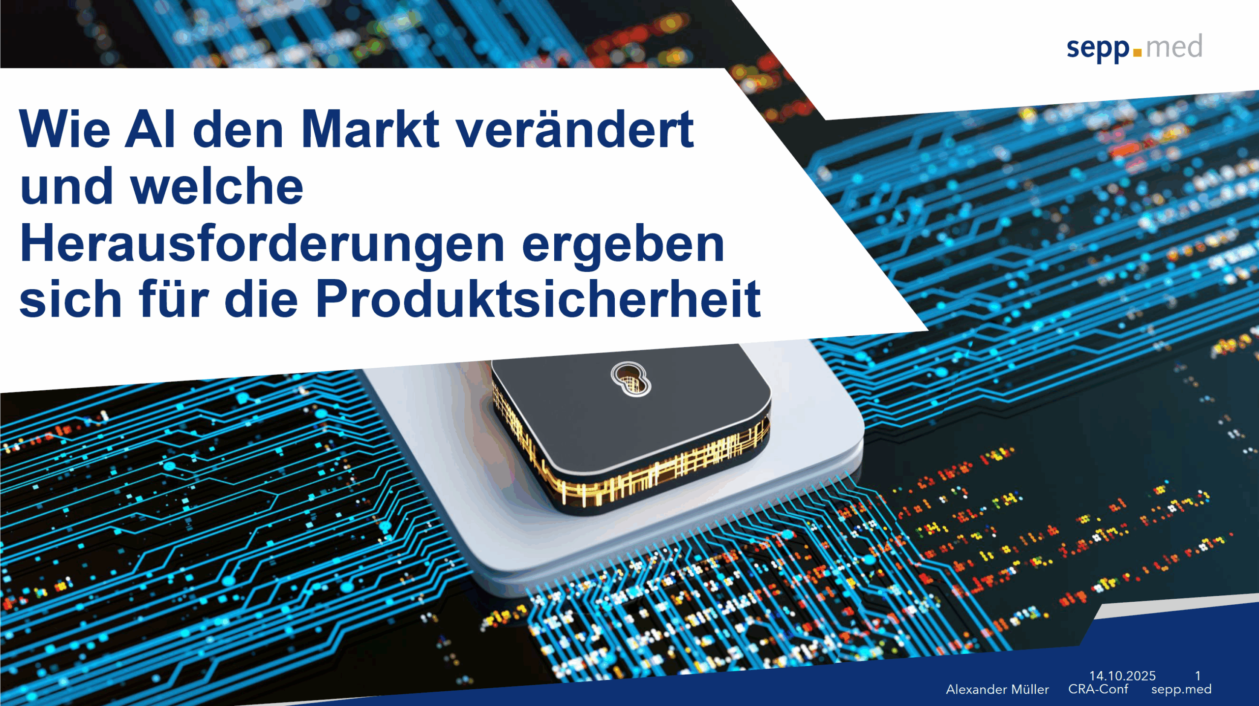 Close-up of a computer chip on a circuit board with digital patterns. Overlaid text in German discusses how AI changes the market and presents challenges for product safety. Sepp.med logo is in the top right corner.