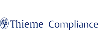 Blue text reads Thieme Compliance with a circular logo of a stylized tree to the left of the text, all on a light background.
